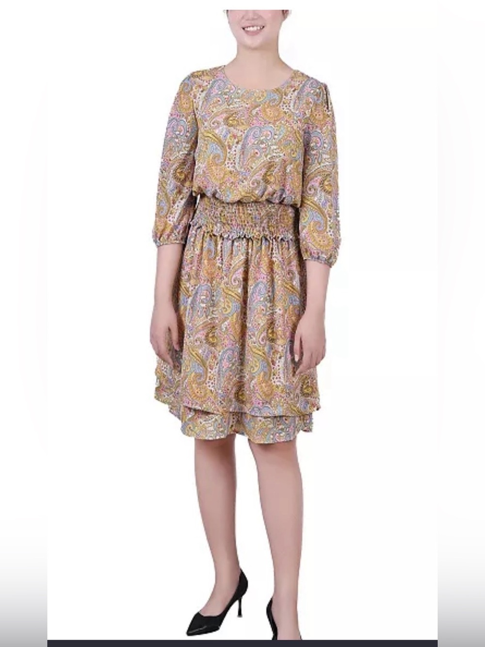 NY Collection Plus Size 3/4 Sleeve Dobby Smocked Waist Dress multi paisley SZ 3X
